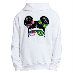 Brazil And United States Flag Messy Bun Urban Pullover Hoodie