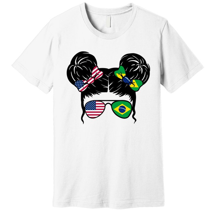 Brazil And United States Flag Messy Bun Premium T-Shirt