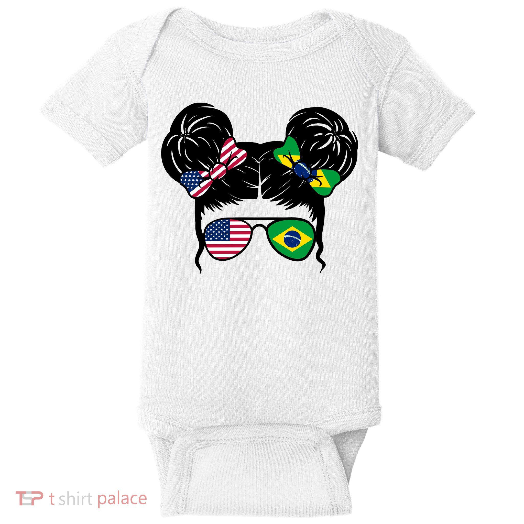 Brazil And United States Flag Messy Bun Baby Bodysuit
