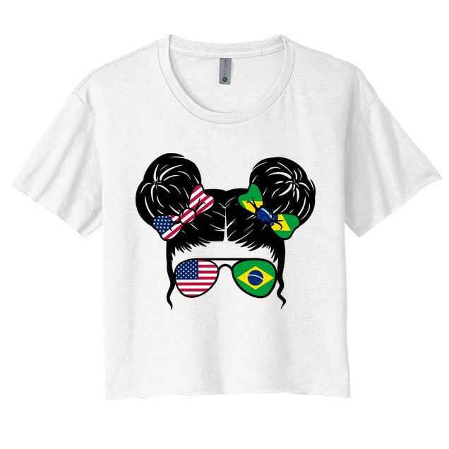 Brazil And United States Flag Messy Bun Crop Top