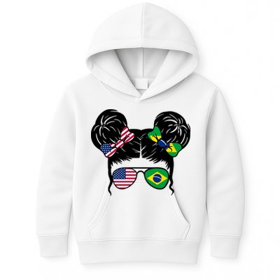 Brazil And United States Flag Messy Bun Kids Hoodie