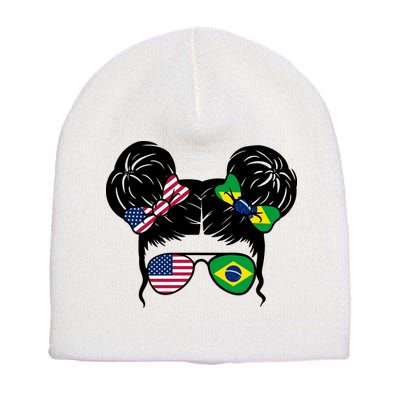 Brazil And United States Flag Messy Bun Short Acrylic Beanie
