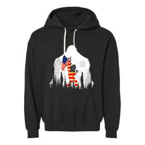 Bigfoot American USA Flag Patriotic Funny 4th Of July Gift Garment-Dyed Fleece Hoodie