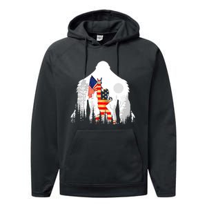 Bigfoot American USA Flag Patriotic Funny 4th Of July Gift Performance Fleece Hoodie