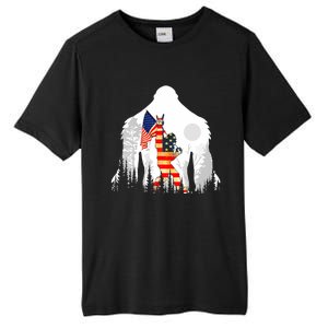 Bigfoot American USA Flag Patriotic Funny 4th Of July Gift Tall Fusion ChromaSoft Performance T-Shirt