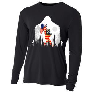 Bigfoot American USA Flag Patriotic Funny 4th Of July Gift Cooling Performance Long Sleeve Crew