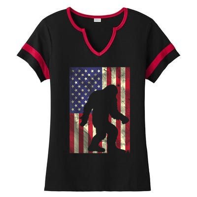 Bigfoot American US Flag Memorial Day Sasquatch Patriotic Ladies Halftime Notch Neck Tee