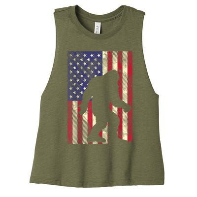 Bigfoot American US Flag Memorial Day Sasquatch Patriotic Women's Racerback Cropped Tank