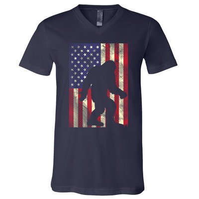 Bigfoot American US Flag Memorial Day Sasquatch Patriotic V-Neck T-Shirt