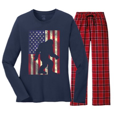 Bigfoot American US Flag Memorial Day Sasquatch Patriotic Women's Long Sleeve Flannel Pajama Set 