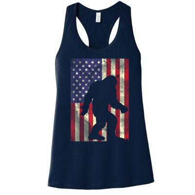 Bigfoot American US Flag Memorial Day Sasquatch Patriotic Women's Racerback Tank