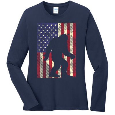 Bigfoot American US Flag Memorial Day Sasquatch Patriotic Ladies Long Sleeve Shirt