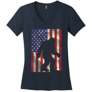 Bigfoot American US Flag Memorial Day Sasquatch Patriotic Women's V-Neck T-Shirt