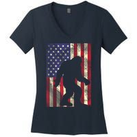 Bigfoot American US Flag Memorial Day Sasquatch Patriotic Women's V-Neck T-Shirt