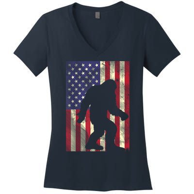 Bigfoot American US Flag Memorial Day Sasquatch Patriotic Women's V-Neck T-Shirt