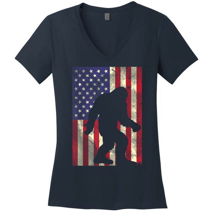 Bigfoot American US Flag Memorial Day Sasquatch Patriotic Women's V-Neck T-Shirt