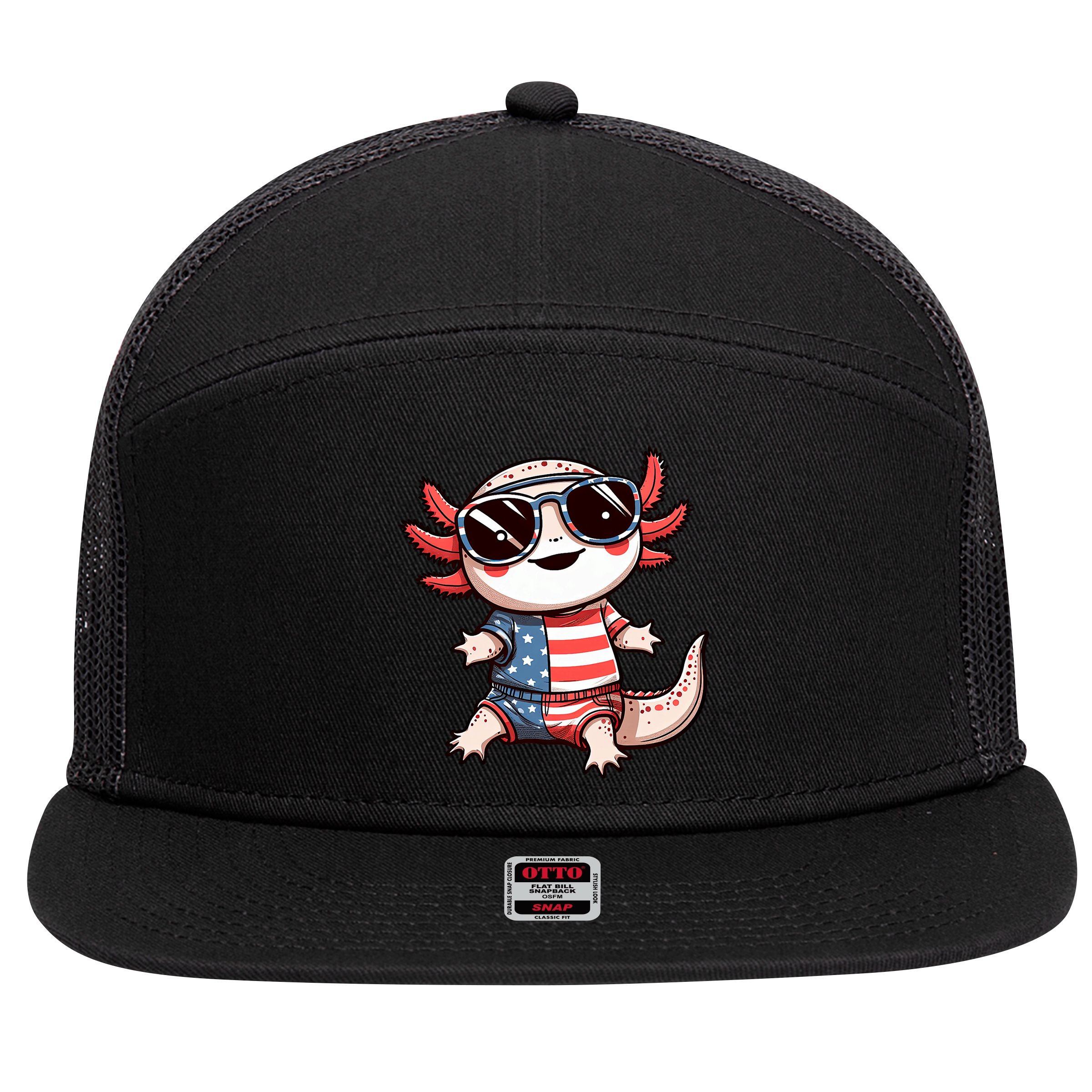 Beautiful Axolotl USA Flag Sunglasses 4th Of July Axolotl 7 Panel Mesh Trucker Snapback Hat