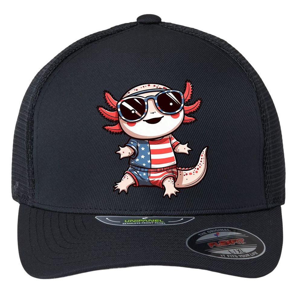 Beautiful Axolotl USA Flag Sunglasses 4th Of July Axolotl Flexfit Unipanel Trucker Cap