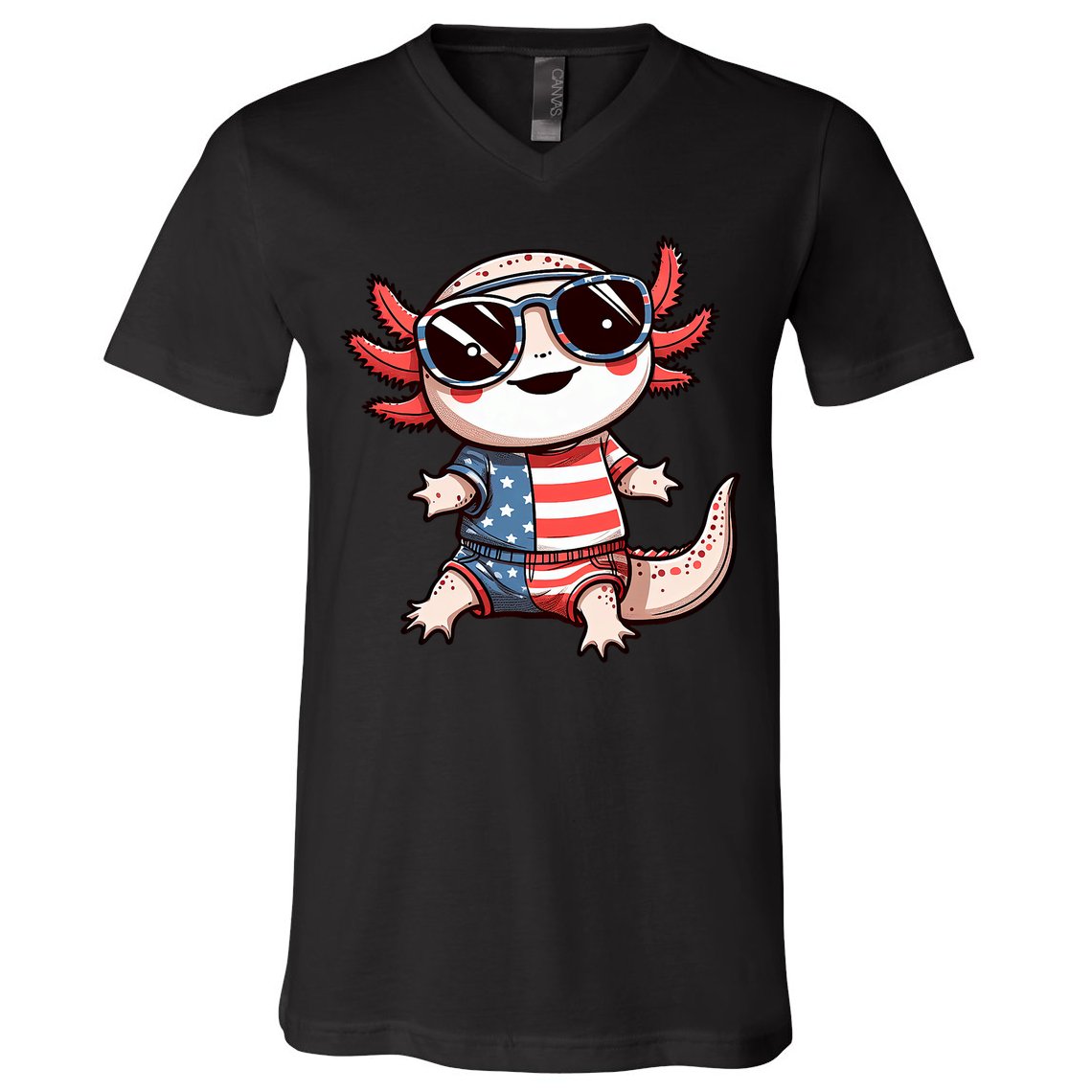Beautiful Axolotl USA Flag Sunglasses 4th Of July Axolotl V-Neck T-Shirt