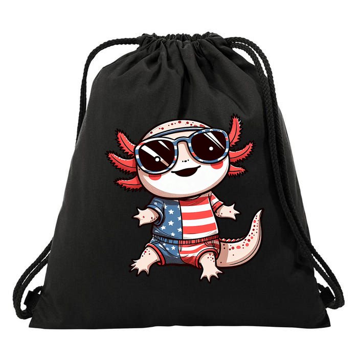 Beautiful Axolotl USA Flag Sunglasses 4th Of July Axolotl Drawstring Bag