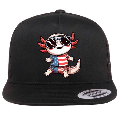 Beautiful Axolotl USA Flag Sunglasses 4th Of July Axolotl Flat Bill Trucker Hat