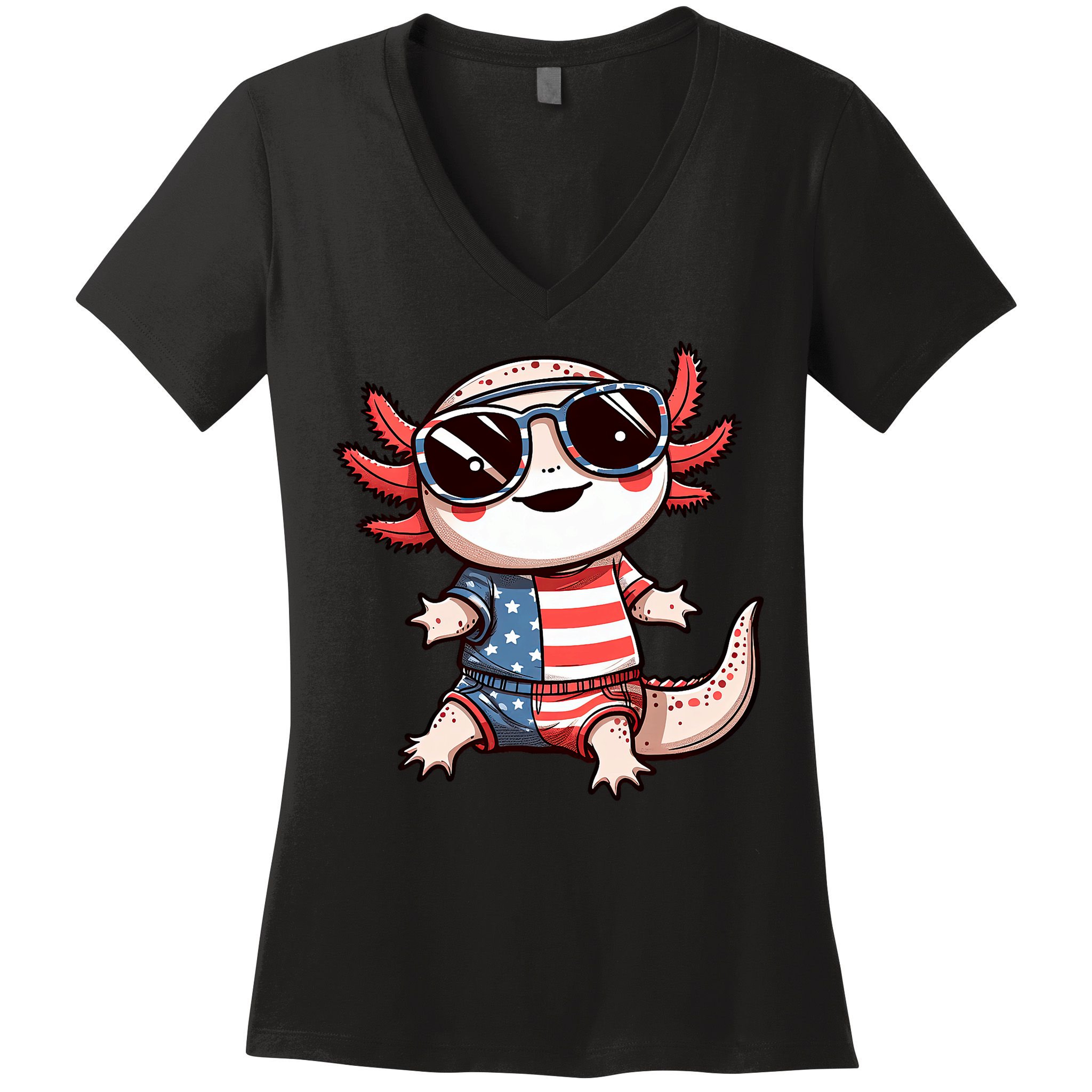 Beautiful Axolotl USA Flag Sunglasses 4th Of July Axolotl Women's V-Neck T-Shirt
