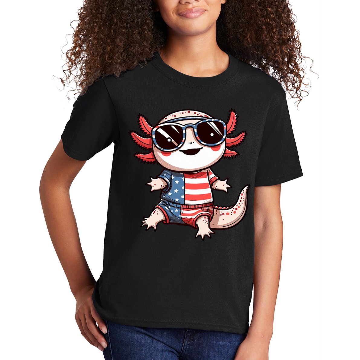 Beautiful Axolotl USA Flag Sunglasses 4th Of July Axolotl Kids T-Shirt