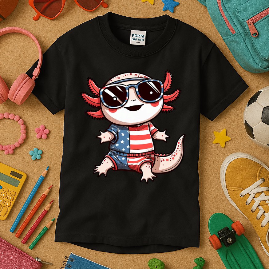 Beautiful Axolotl USA Flag Sunglasses 4th Of July Axolotl Kids T-Shirt
