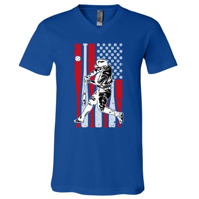 Baseball American Usa Flag Dad Papa Fathers Day Son Gift V-Neck T-Shirt