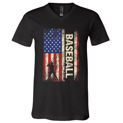 Baseball American Us Flag Vintage 4th Of July V-Neck T-Shirt