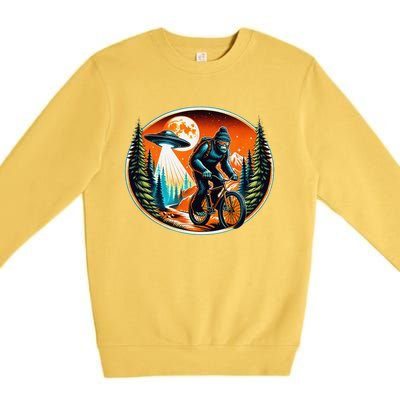 Bigfoot Alien Ufo Bicycle Ride Sasquatch On Bicycle Premium Crewneck Sweatshirt