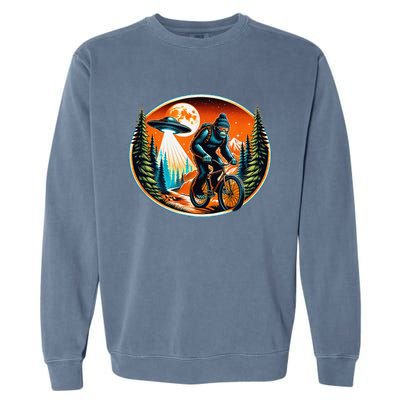 Bigfoot Alien Ufo Bicycle Ride Sasquatch On Bicycle Garment-Dyed Sweatshirt