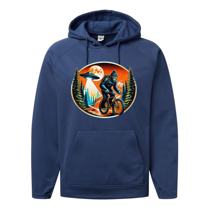 Bigfoot Alien Ufo Bicycle Ride Sasquatch On Bicycle Performance Fleece Hoodie