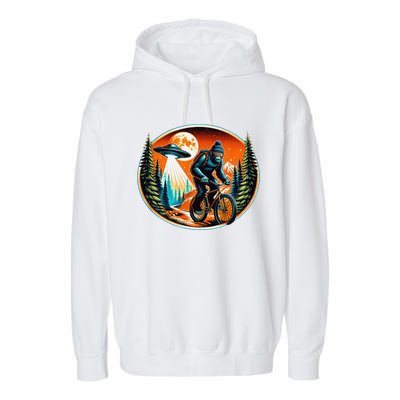 Bigfoot Alien Ufo Bicycle Ride Sasquatch On Bicycle Garment-Dyed Fleece Hoodie