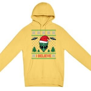 Believe Alien Ufo Funny Christmas Alien Head Graphic Ugly Gift Premium Pullover Hoodie