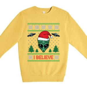 Believe Alien Ufo Funny Christmas Alien Head Graphic Ugly Gift Premium Crewneck Sweatshirt