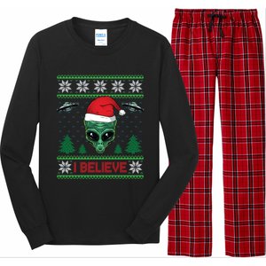 Believe Alien Ufo Funny Christmas Alien Head Graphic Ugly Gift Long Sleeve Pajama Set