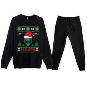 Believe Alien Ufo Funny Christmas Alien Head Graphic Ugly Gift Premium Crewneck Sweatsuit Set