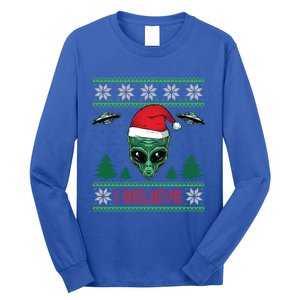 Believe Alien Ufo Funny Christmas Alien Head Graphic Ugly Gift Long Sleeve Shirt