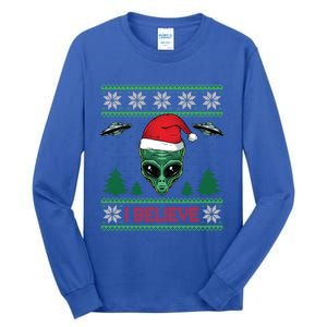 Believe Alien Ufo Funny Christmas Alien Head Graphic Ugly Gift Tall Long Sleeve T-Shirt