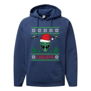 Believe Alien Ufo Funny Christmas Alien Head Graphic Ugly Gift Performance Fleece Hoodie