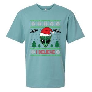 Believe Alien Ufo Funny Christmas Alien Head Graphic Ugly Gift Sueded Cloud Jersey T-Shirt