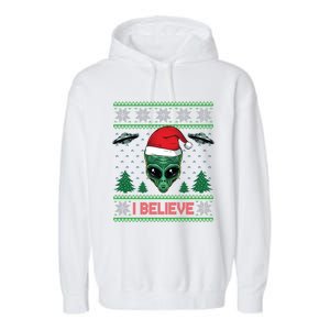 Believe Alien Ufo Funny Christmas Alien Head Graphic Ugly Gift Garment-Dyed Fleece Hoodie