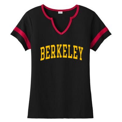 Berkeley Arched Varsity Text Yellow Ladies Halftime Notch Neck Tee