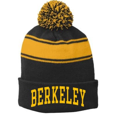 Berkeley Arched Varsity Text Yellow Stripe Pom Pom Beanie