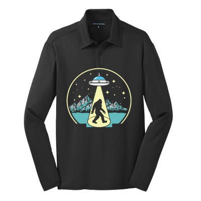 Bigfoot Abduction! Vintage Sasquatch & Ufo Alien Graphic Silk Touch Performance Long Sleeve Polo