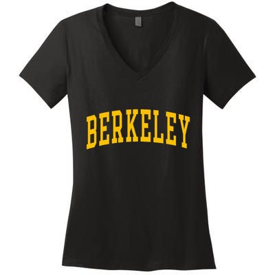 Berkeley Arched Varsity Text Yellow Berkeley Women's V-Neck T-Shirt