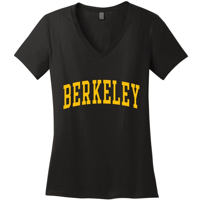 Berkeley Arched Varsity Text Yellow Berkeley Women's V-Neck T-Shirt
