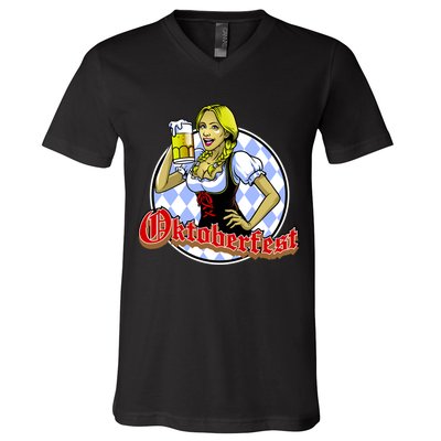 Bavarian Girl With A Glass of Beer Celebrating Oktoberfest V-Neck T-Shirt