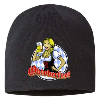 Bavarian Girl With A Glass of Beer Celebrating Oktoberfest Sustainable Beanie